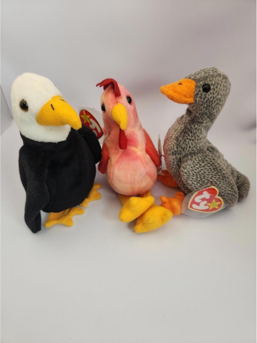 Beanie Baby Lot of 3 Birds TY Beanies Baldy Eagle Honks Goose Strut Rooster NWT